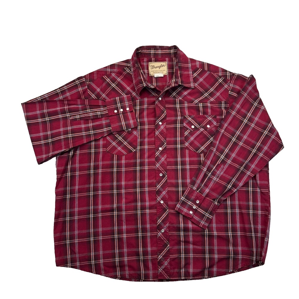 Wrangler Western Fashion Snap Shirt Mens Red Plaid Pearl Snap Long Sleeve Rodeo